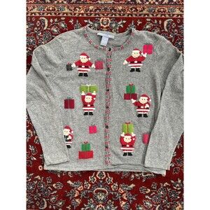 M Carroll Reed Womens M Gray Ramie Santa Holiday Cardigan Sweater Christmas